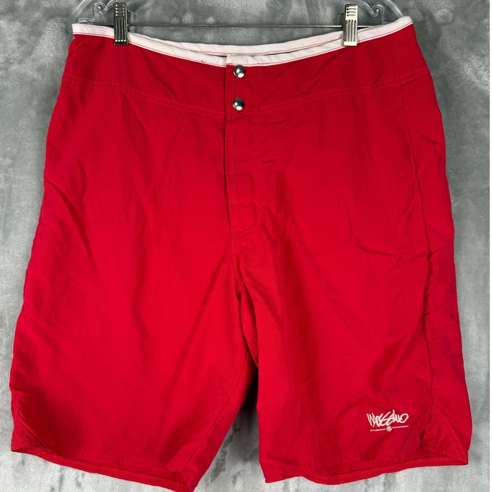 Mossimo Red Board Shorts‎ Mens Medium Snap Button Pockets Logo Beach Swim